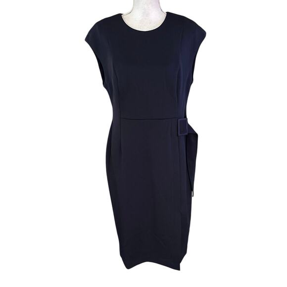 NEW Calvin Klein Size 12 Navy Blue Scuba Sheath Dress Faux Belt Office Career - Picture 1 of 6